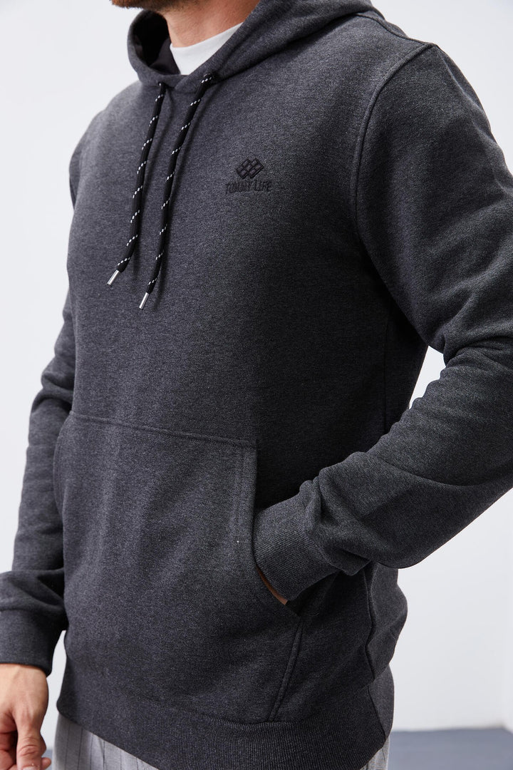 TMY Anthracite Melange Kangaroo Pocket Standard Fit Hooded Men's Sweatshirt - 87872 - Schiedam