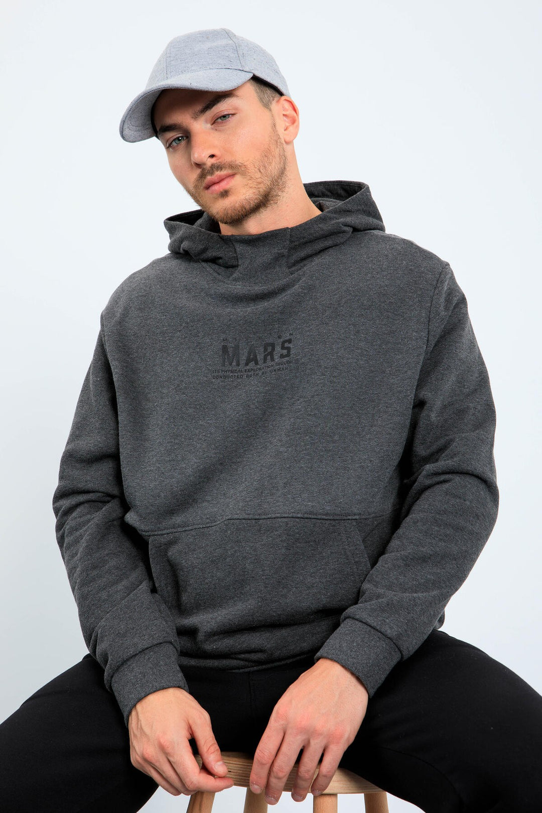 TMY Anthracite Melange Mars Writing and Back Printed Hooded Comfort Fit Men's Sweatshirt - 88032 - San Javier