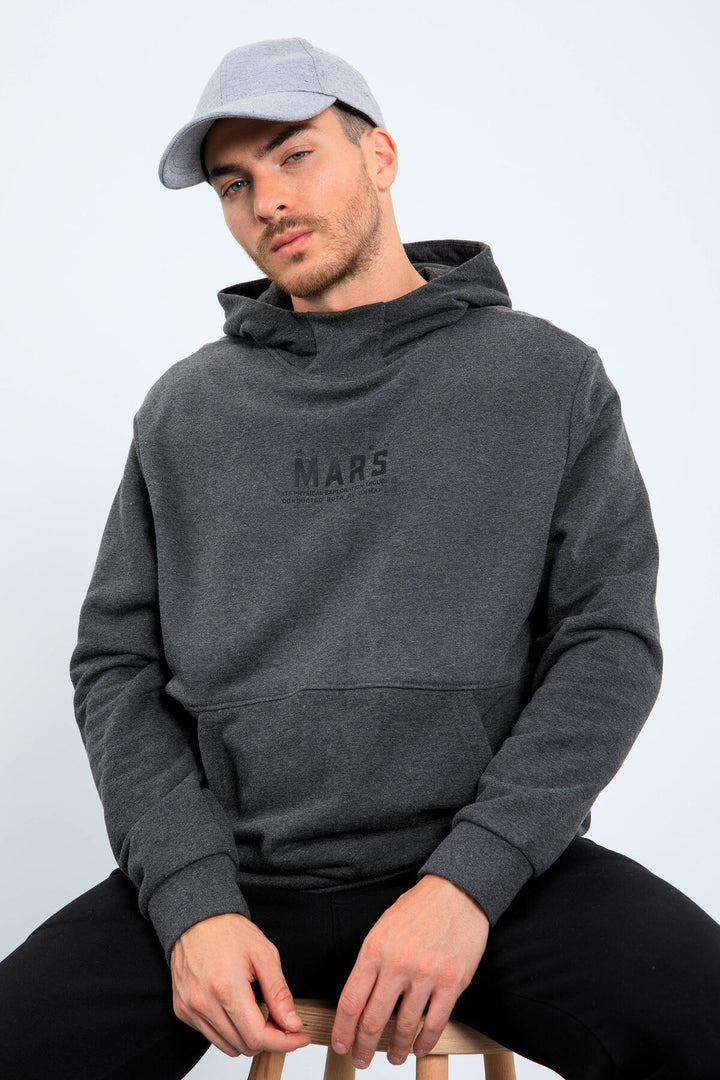 TMY Anthracite Melange Mars Writing and Back Printed Hooded Comfort Fit Men's Sweatshirt - 88032 - San Javier
