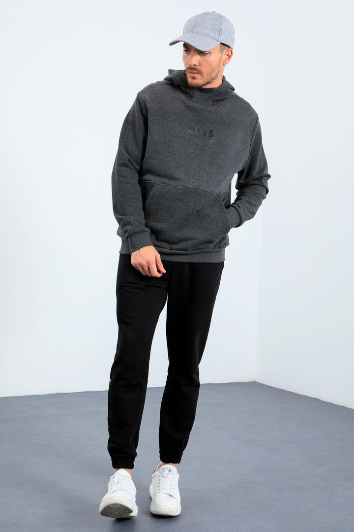TMY Anthracite Melange Mars Writing and Back Printed Hooded Comfort Fit Men's Sweatshirt - 88032 - San Javier