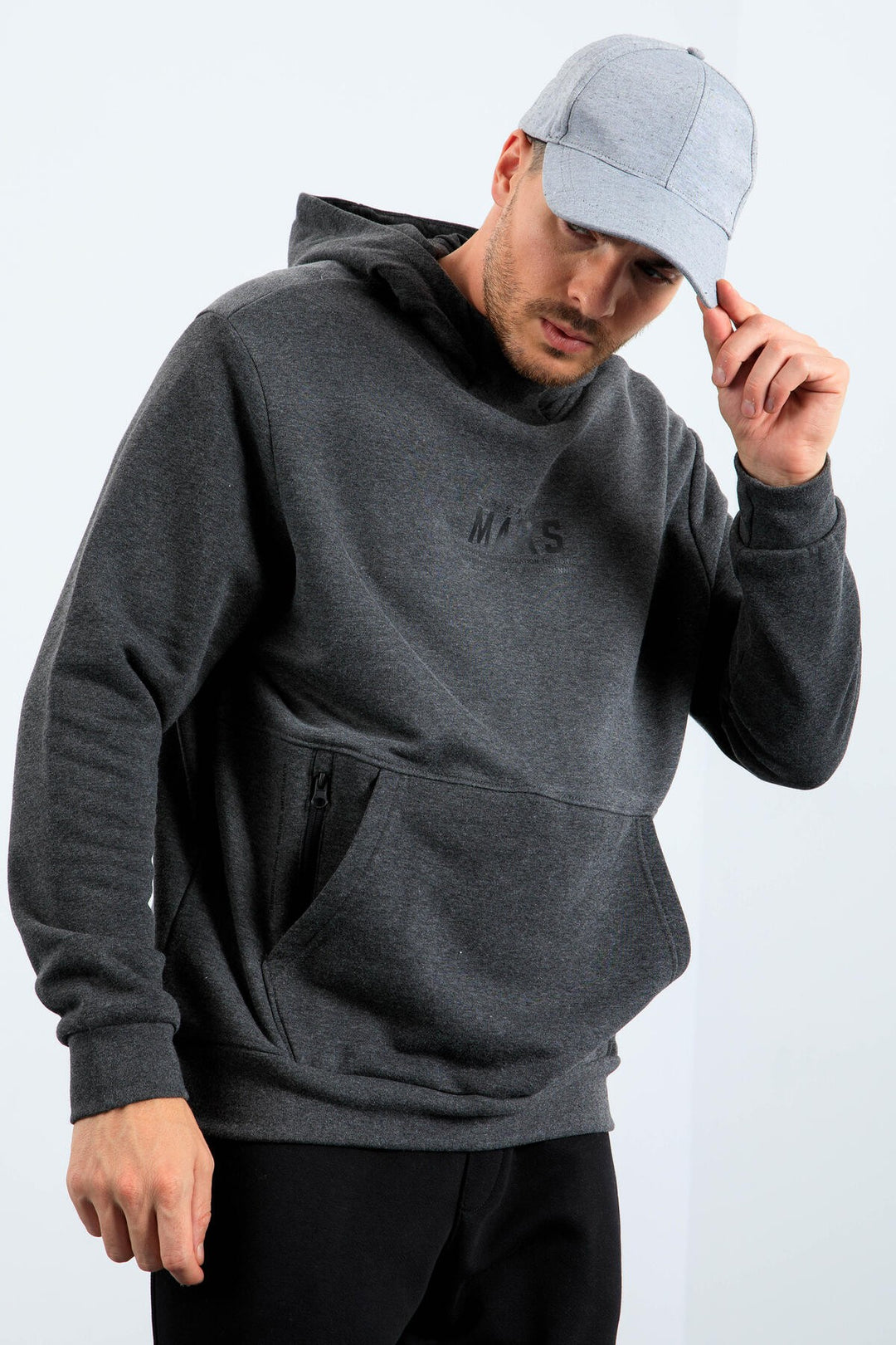 TMY Anthracite Melange Mars Writing and Back Printed Hooded Comfort Fit Men's Sweatshirt - 88032 - San Javier