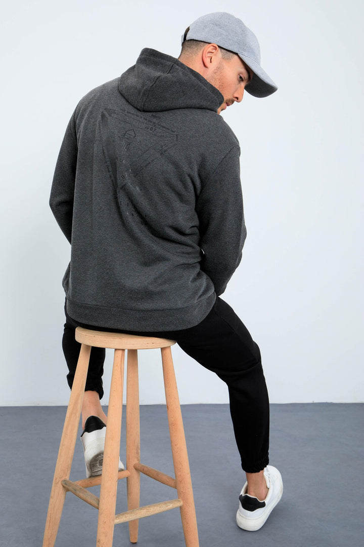 TMY Anthracite Melange Mars Writing and Back Printed Hooded Comfort Fit Men's Sweatshirt - 88032 - San Javier