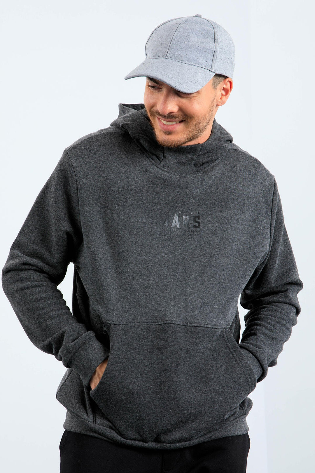 TMY Anthracite Melange Mars Writing and Back Printed Hooded Comfort Fit Men's Sweatshirt - 88032 - San Javier