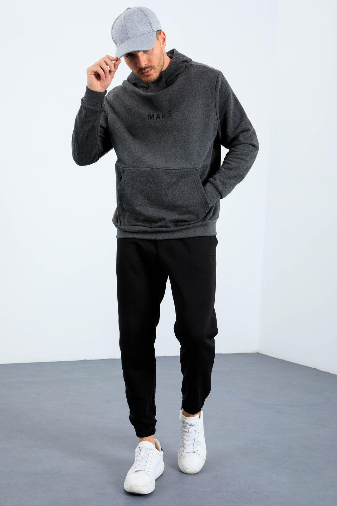 TMY Anthracite Melange Mars Writing and Back Printed Hooded Comfort Fit Men's Sweatshirt - 88032 - San Javier
