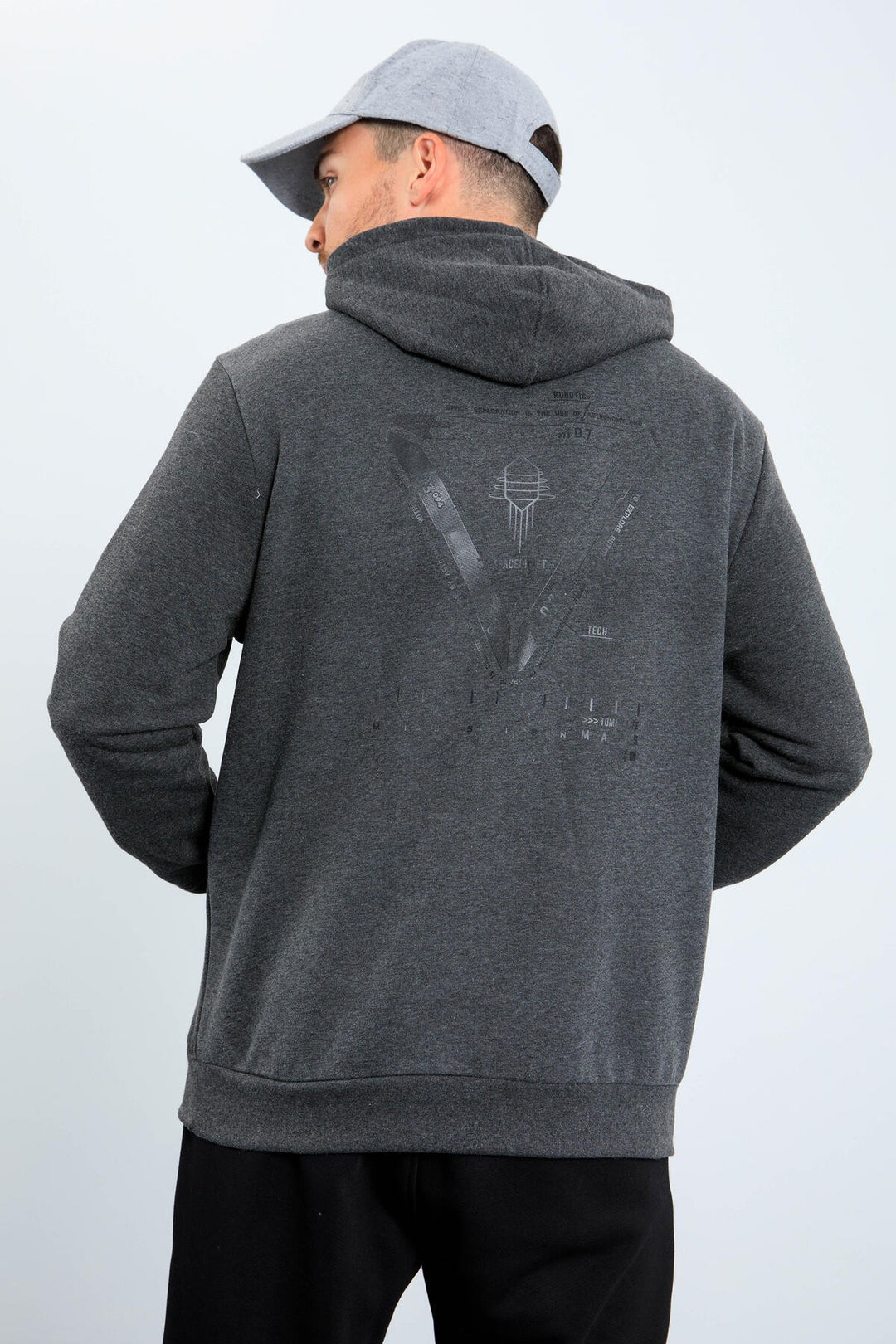TMY Anthracite Melange Mars Writing and Back Printed Hooded Comfort Fit Men's Sweatshirt - 88032 - San Javier