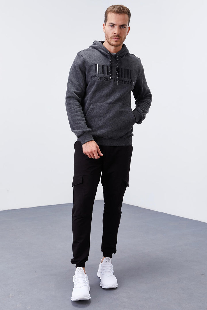 TMY Anthracite Melange Embroidered Kangaroo Pocket Standard Fit Hooded Men's Sweatshirt - 87839 - Gladstone