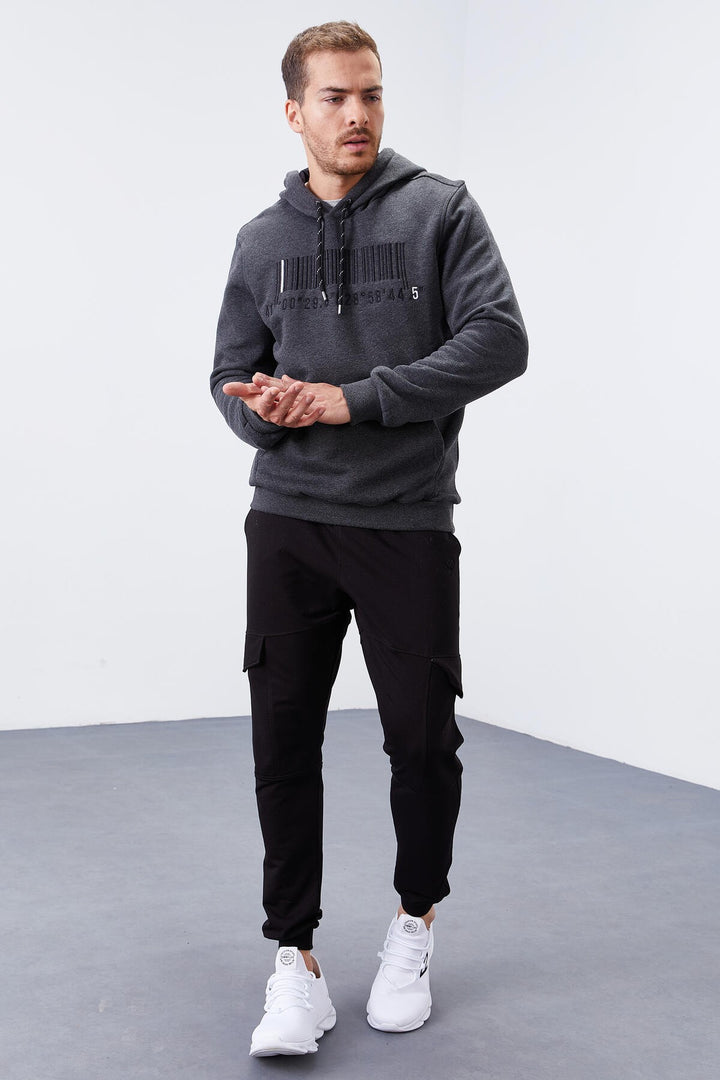 TMY Anthracite Melange Embroidered Kangaroo Pocket Standard Fit Hooded Men's Sweatshirt - 87839 - Gladstone