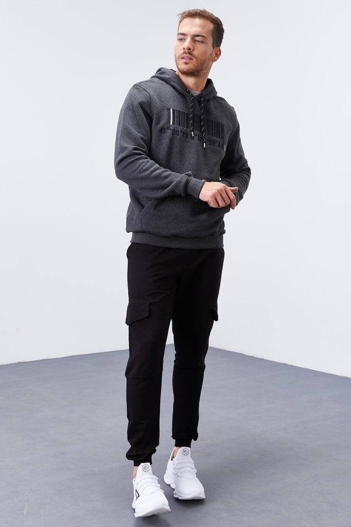 TMY Anthracite Melange Embroidered Kangaroo Pocket Standard Fit Hooded Men's Sweatshirt - 87839 - Gladstone