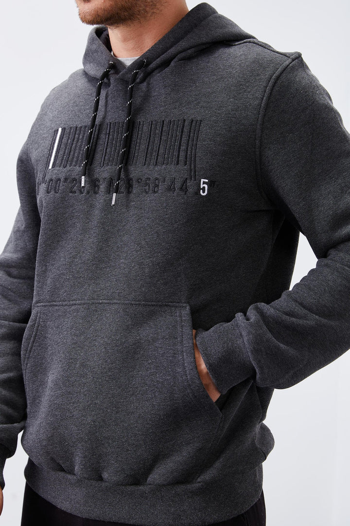 TMY Anthracite Melange Embroidered Kangaroo Pocket Standard Fit Hooded Men's Sweatshirt - 87839 - Gladstone