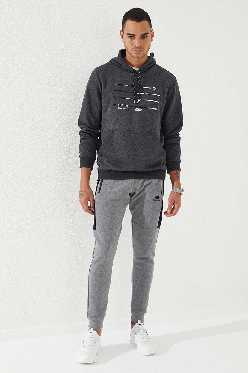 TMY Anthracite Melange Striped Embroidered Standard Fit Hooded Men's Sweatshirt - 87885 - Cuautitlán