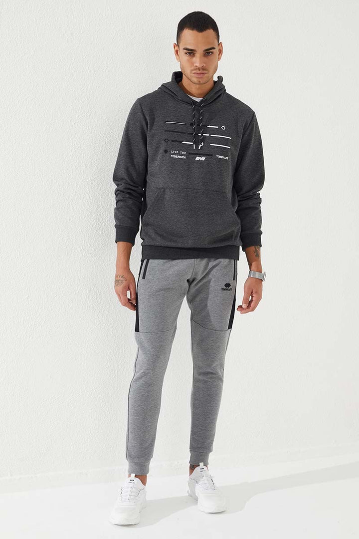 TMY Anthracite Melange Striped Embroidered Standard Fit Hooded Men's Sweatshirt - 87885 - Cuautitlán
