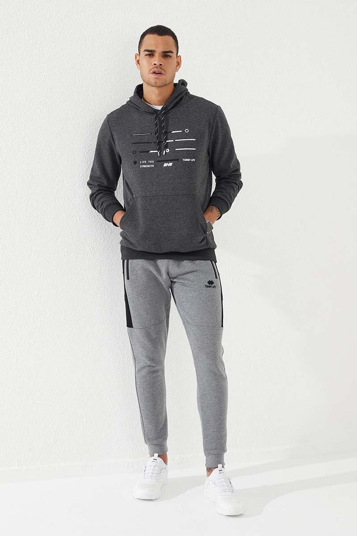 TMY Anthracite Melange Striped Embroidered Standard Fit Hooded Men's Sweatshirt - 87885 - Cuautitlán