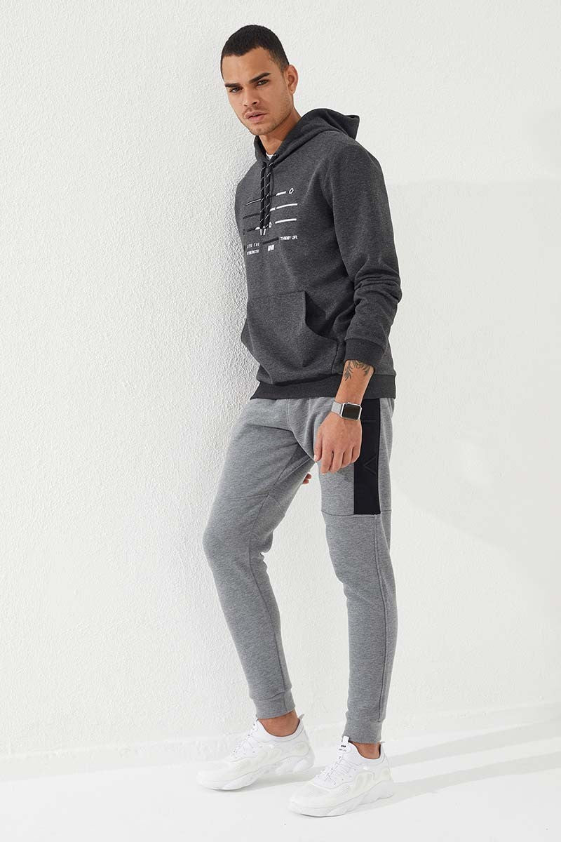 TMY Anthracite Melange Striped Embroidered Standard Fit Hooded Men's Sweatshirt - 87885 - Cuautitlán
