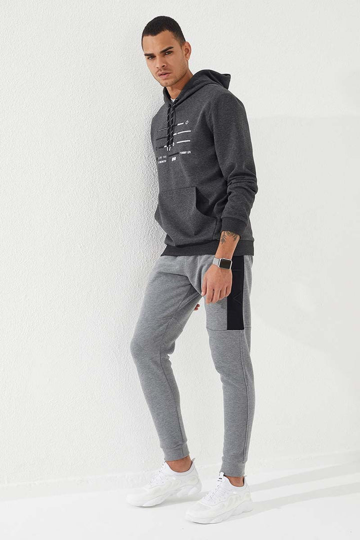 TMY Anthracite Melange Striped Embroidered Standard Fit Hooded Men's Sweatshirt - 87885 - Cuautitlán