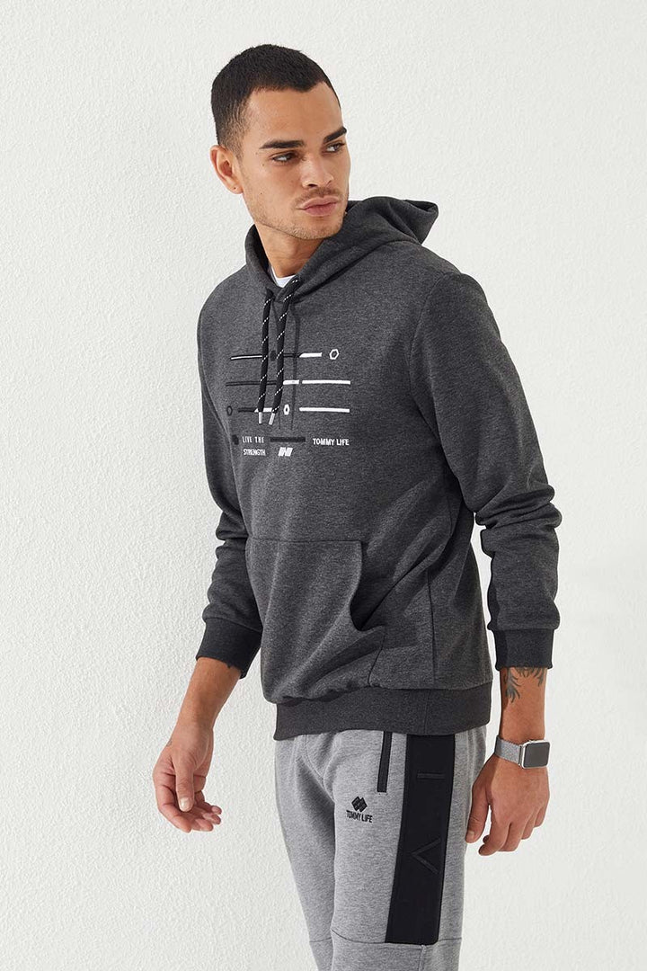 TMY Anthracite Melange Striped Embroidered Standard Fit Hooded Men's Sweatshirt - 87885 - Cuautitlán