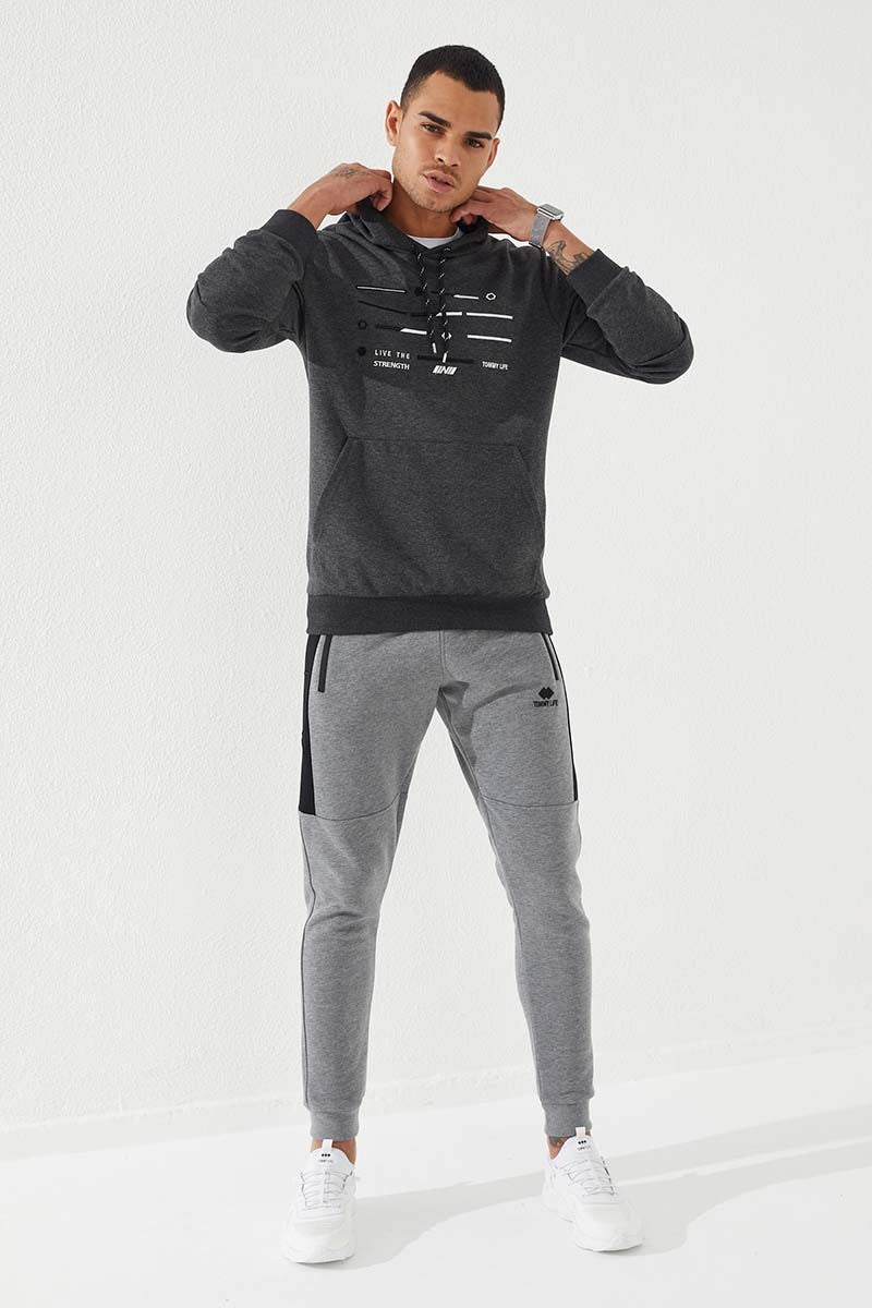 TMY Anthracite Melange Striped Embroidered Standard Fit Hooded Men's Sweatshirt - 87885 - Cuautitlán