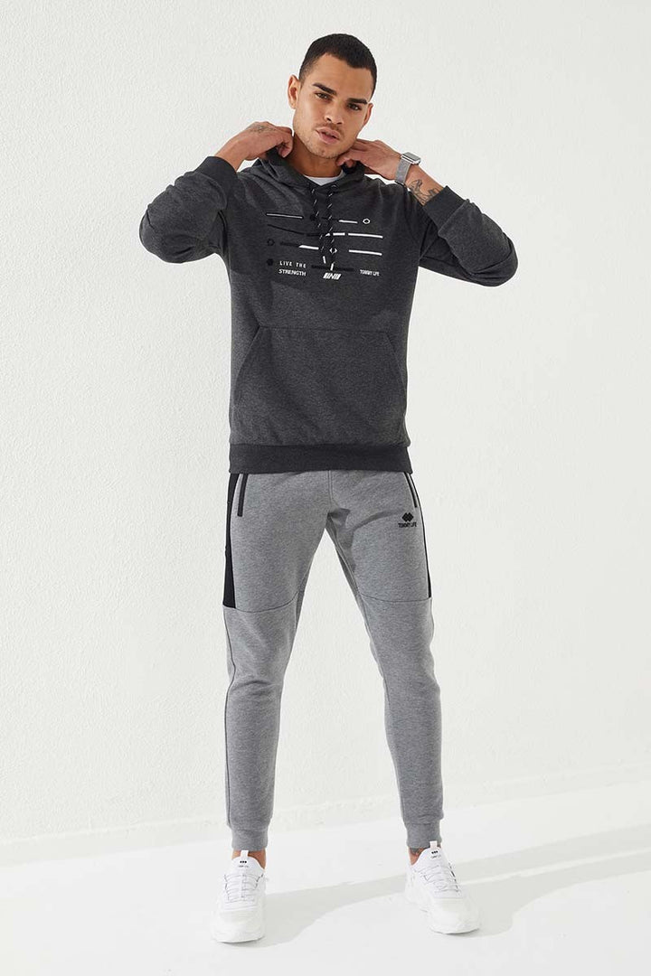 TMY Anthracite Melange Striped Embroidered Standard Fit Hooded Men's Sweatshirt - 87885 - Cuautitlán