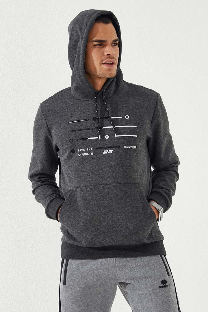 TMY Anthracite Melange Striped Embroidered Standard Fit Hooded Men's Sweatshirt - 87885 - Cuautitlán