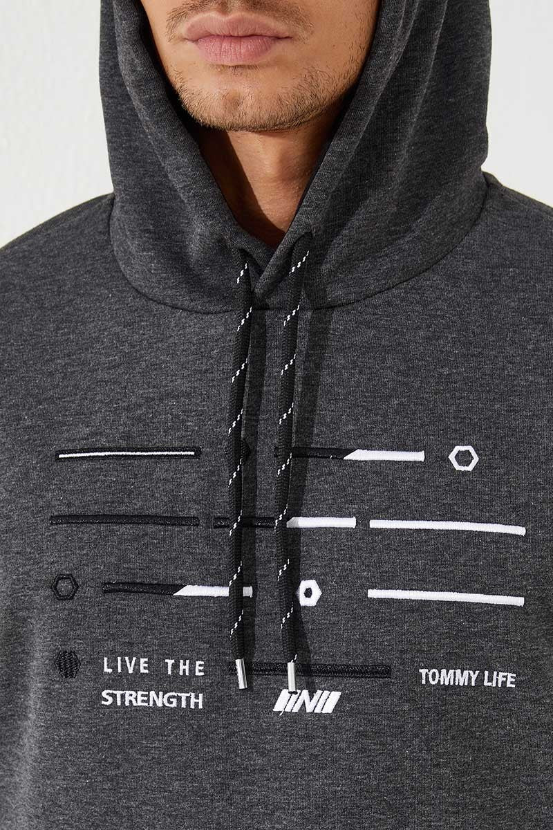 TMY Anthracite Melange Striped Embroidered Standard Fit Hooded Men's Sweatshirt - 87885 - Cuautitlán