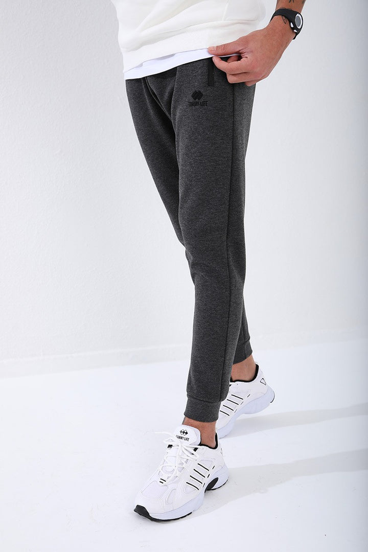 TMY Anthracite Melange Reverse Zippered Standard Fit Cuffed Men's Sweatpants - 84702 - Georgetown