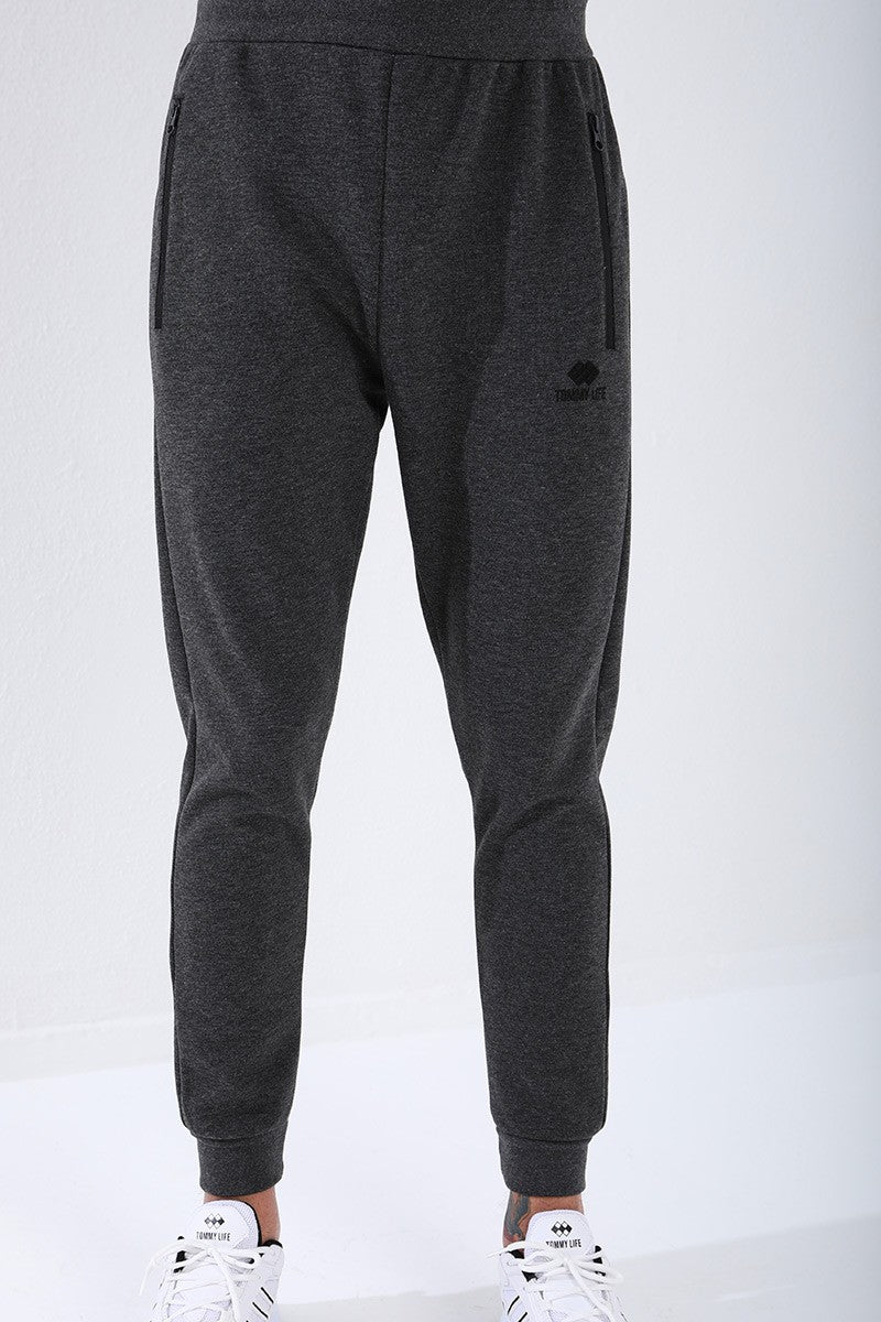 TMY Anthracite Melange Reverse Zippered Standard Fit Cuffed Men's Sweatpants - 84702 - Georgetown