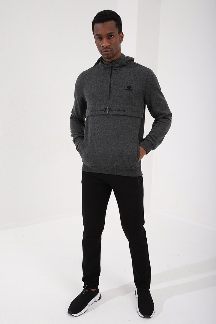 TMY Anthracite Melange Half Zip Standard Fit Hooded Men's Sweatshirt - 87886 - Tourcoing