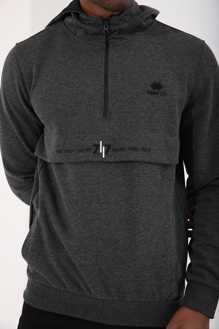 TMY Anthracite Melange Half Zip Standard Fit Hooded Men's Sweatshirt - 87886 - Tourcoing