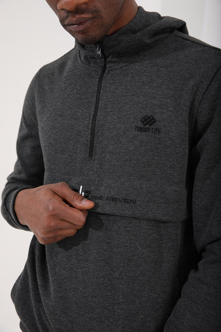 TMY Anthracite Melange Half Zip Standard Fit Hooded Men's Sweatshirt - 87886 - Tourcoing