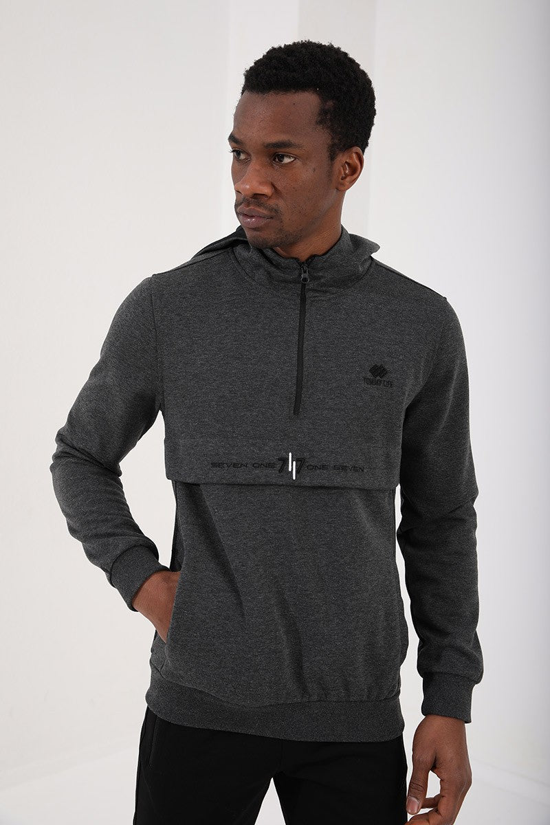 TMY Anthracite Melange Half Zip Standard Fit Hooded Men's Sweatshirt - 87886 - Tourcoing