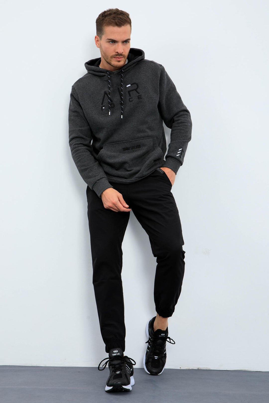 TMY Anthracite Melange Standard Fit Hooded Men's Sweatshirt with Embroidered Text - 87838 - Mooresville