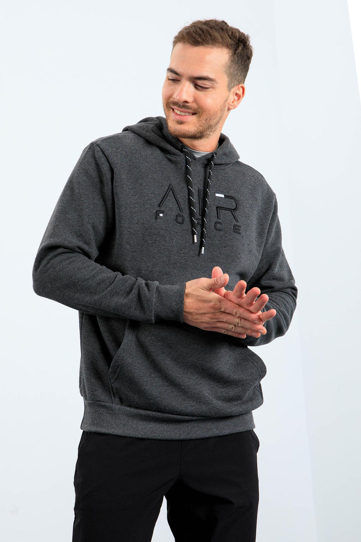 TMY Anthracite Melange Standard Fit Hooded Men's Sweatshirt with Embroidered Text - 87838 - Mooresville