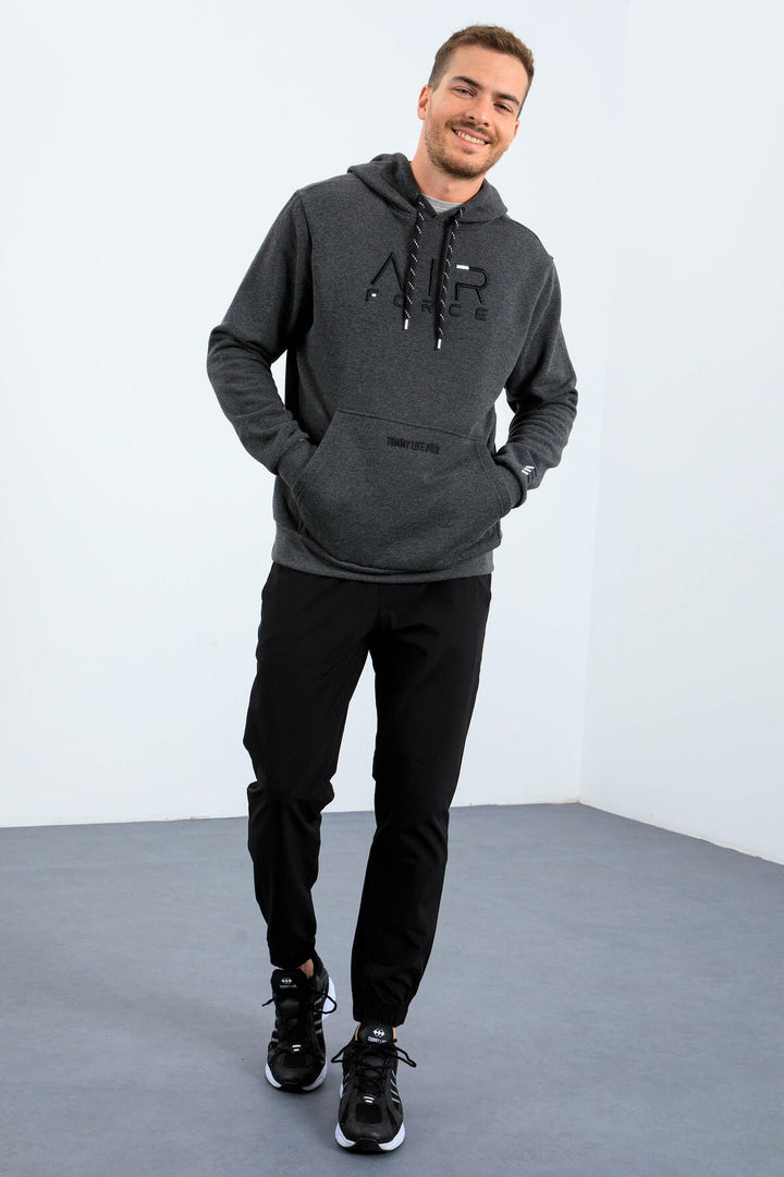 TMY Anthracite Melange Standard Fit Hooded Men's Sweatshirt with Embroidered Text - 87838 - Mooresville