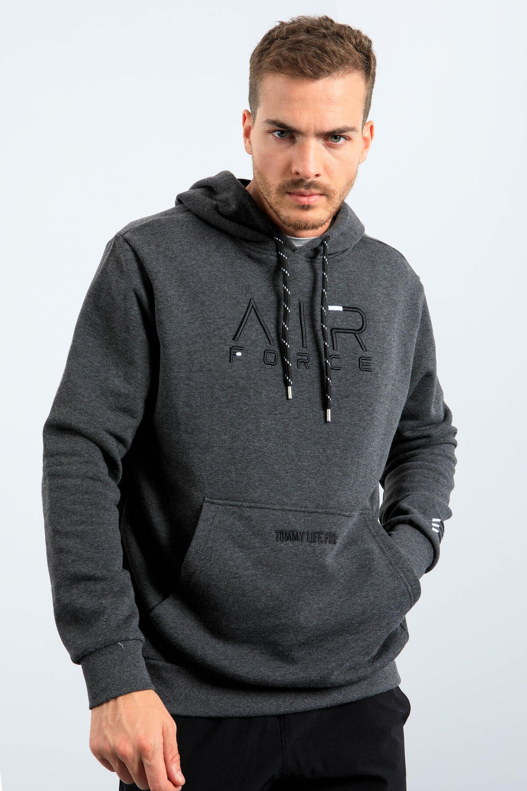 TMY Anthracite Melange Standard Fit Hooded Men's Sweatshirt with Embroidered Text - 87838 - Mooresville