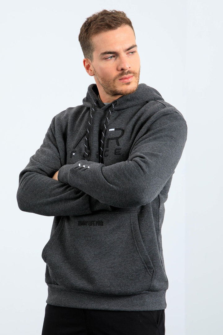 TMY Anthracite Melange Standard Fit Hooded Men's Sweatshirt with Embroidered Text - 87838 - Mooresville