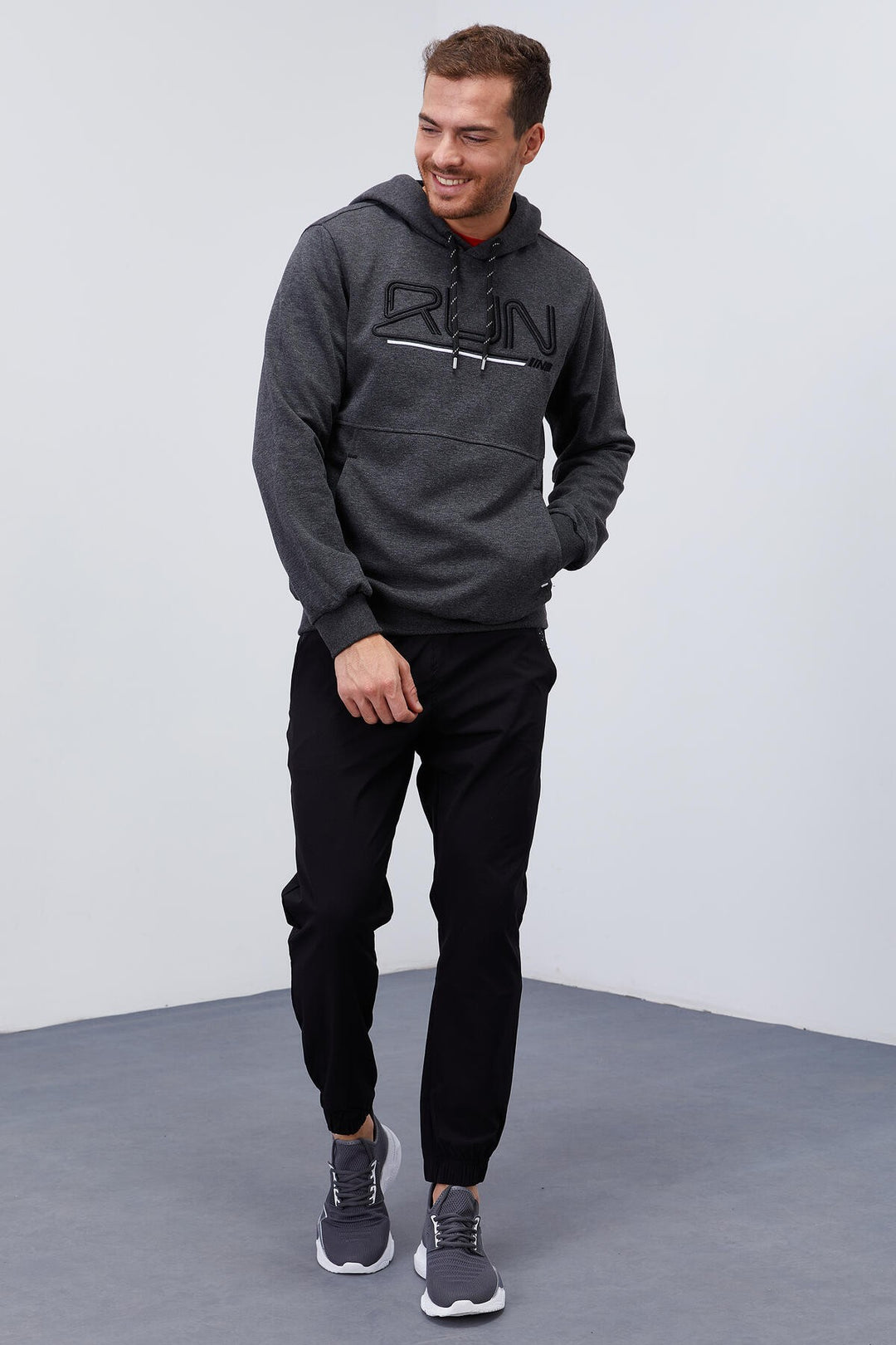 TMY Anthracite Melange Standard Fit Hooded Men's Sweatshirt with Embroidered Text - 87887 - Vila Franca de Xira