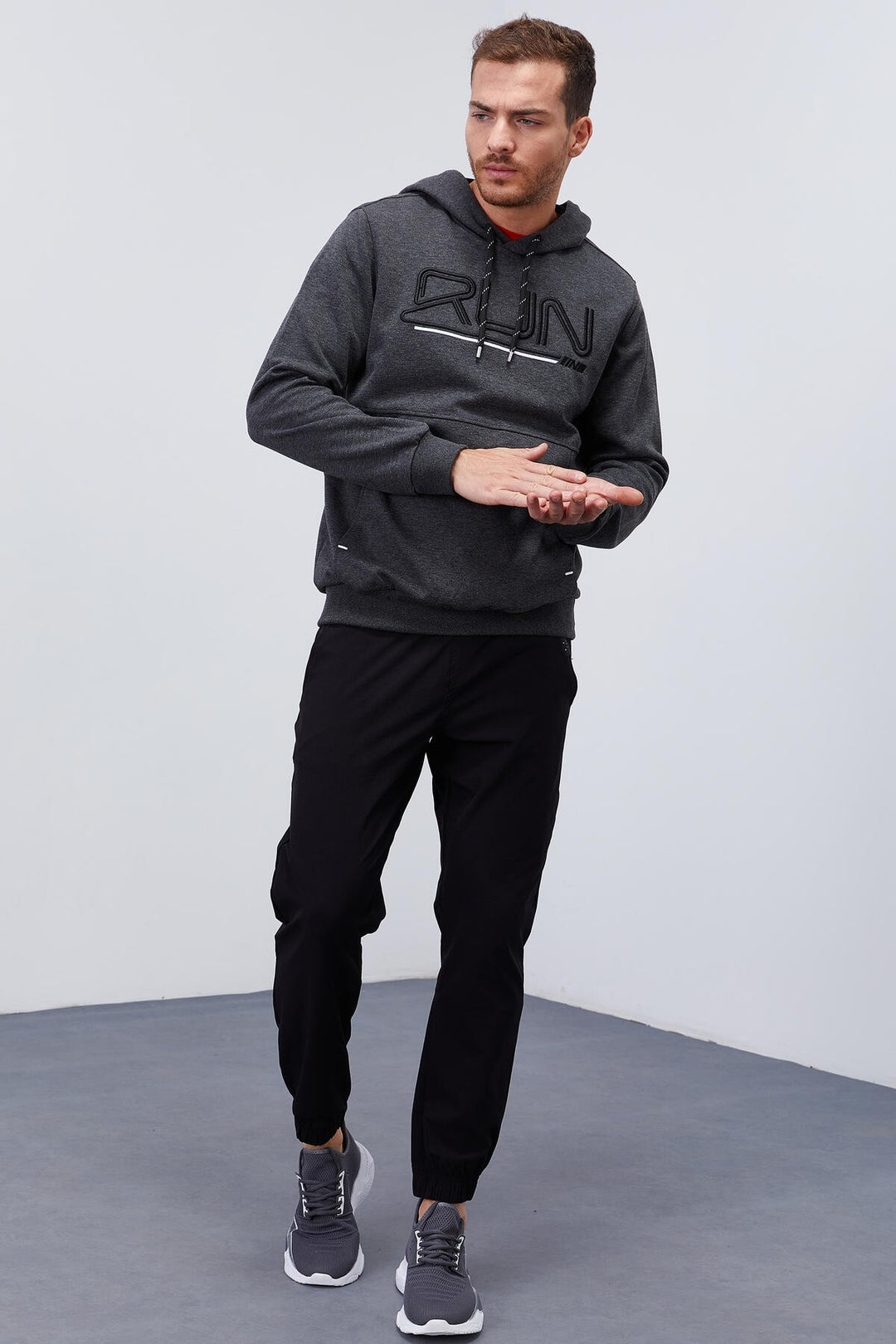 TMY Anthracite Melange Standard Fit Hooded Men's Sweatshirt with Embroidered Text - 87887 - Vila Franca de Xira