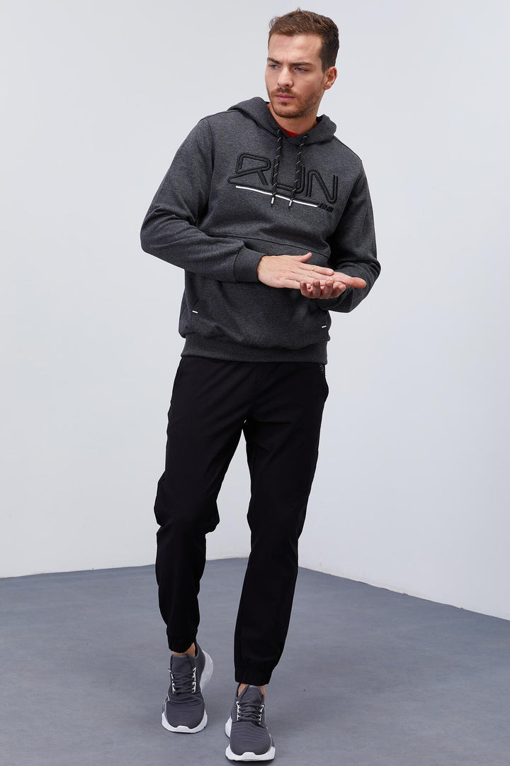 TMY Anthracite Melange Standard Fit Hooded Men's Sweatshirt with Embroidered Text - 87887 - Vila Franca de Xira