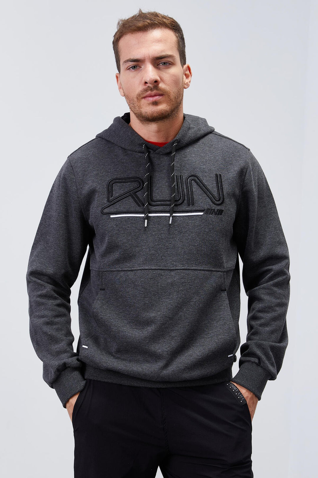 TMY Anthracite Melange Standard Fit Hooded Men's Sweatshirt with Embroidered Text - 87887 - Vila Franca de Xira