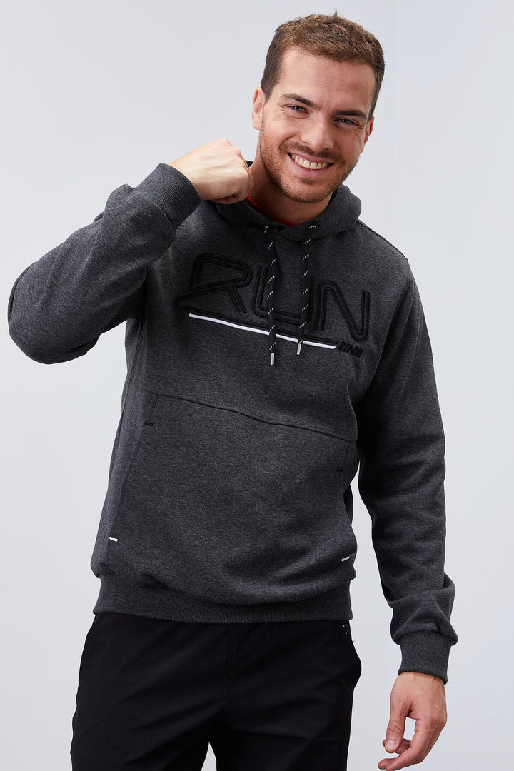 TMY Anthracite Melange Standard Fit Hooded Men's Sweatshirt with Embroidered Text - 87887 - Vila Franca de Xira