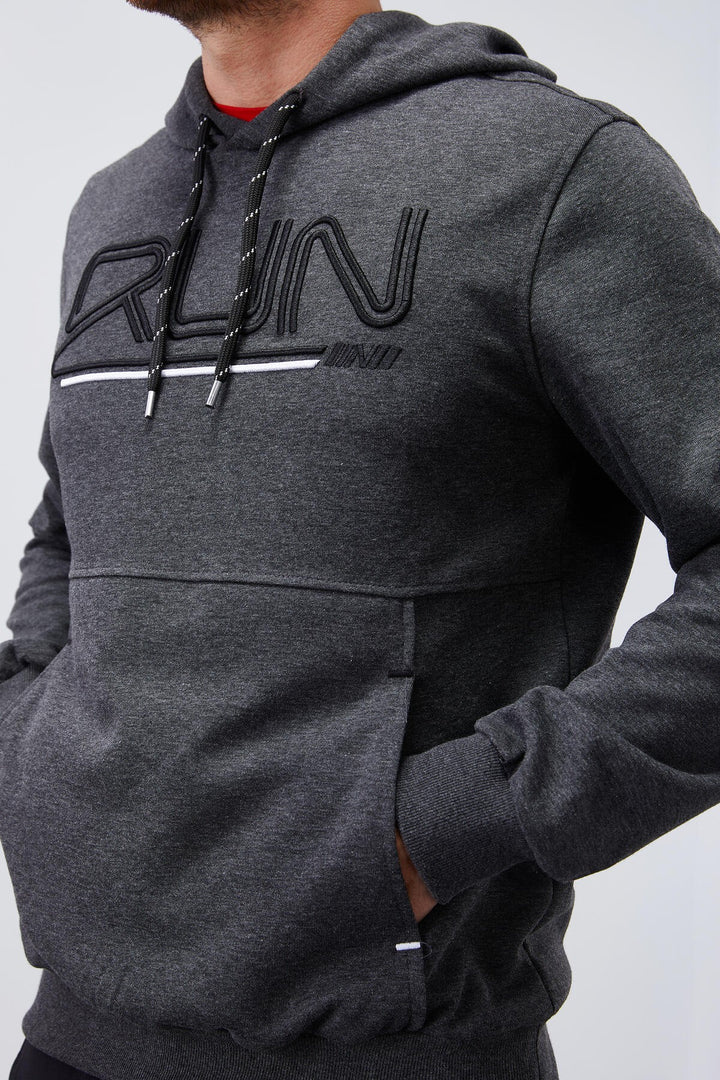 TMY Anthracite Melange Standard Fit Hooded Men's Sweatshirt with Embroidered Text - 87887 - Vila Franca de Xira