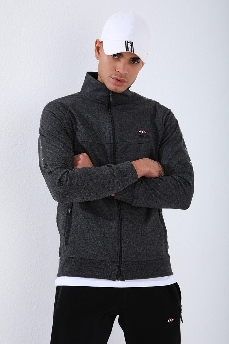 TMY Anthracite - Black Round Neck Striped Printed Standard Mold Cuffed Men's Tracksuit - 85150 - Fair Lawn