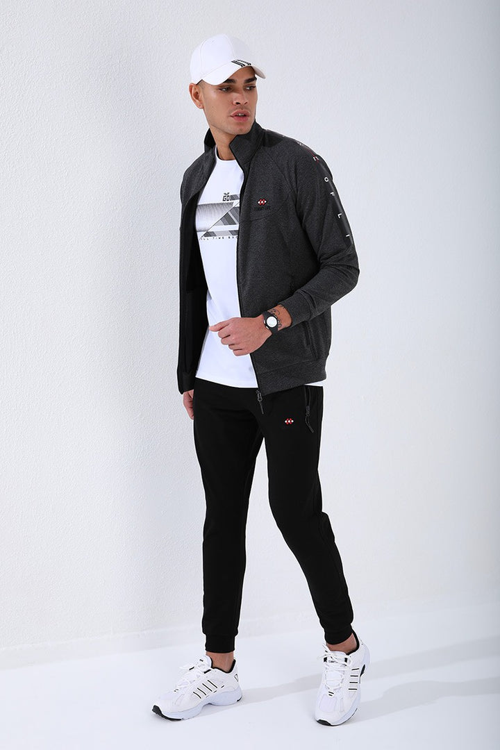 TMY Anthracite - Black Round Neck Striped Printed Standard Mold Cuffed Men's Tracksuit - 85150 - Fair Lawn