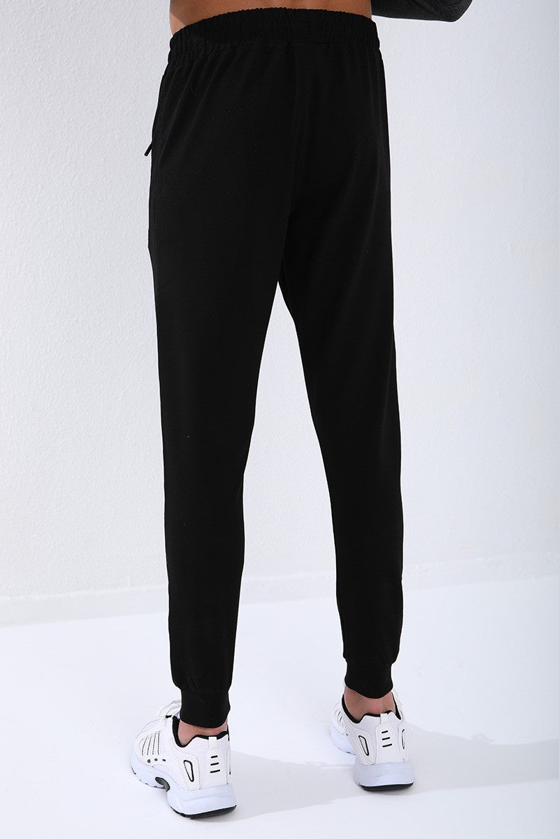 TMY Anthracite - Black Round Neck Striped Printed Standard Mold Cuffed Men's Tracksuit - 85150 - Fair Lawn