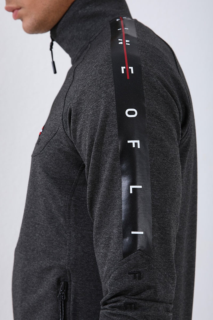 TMY Anthracite - Black Round Neck Striped Printed Standard Mold Cuffed Men's Tracksuit - 85150 - Fair Lawn