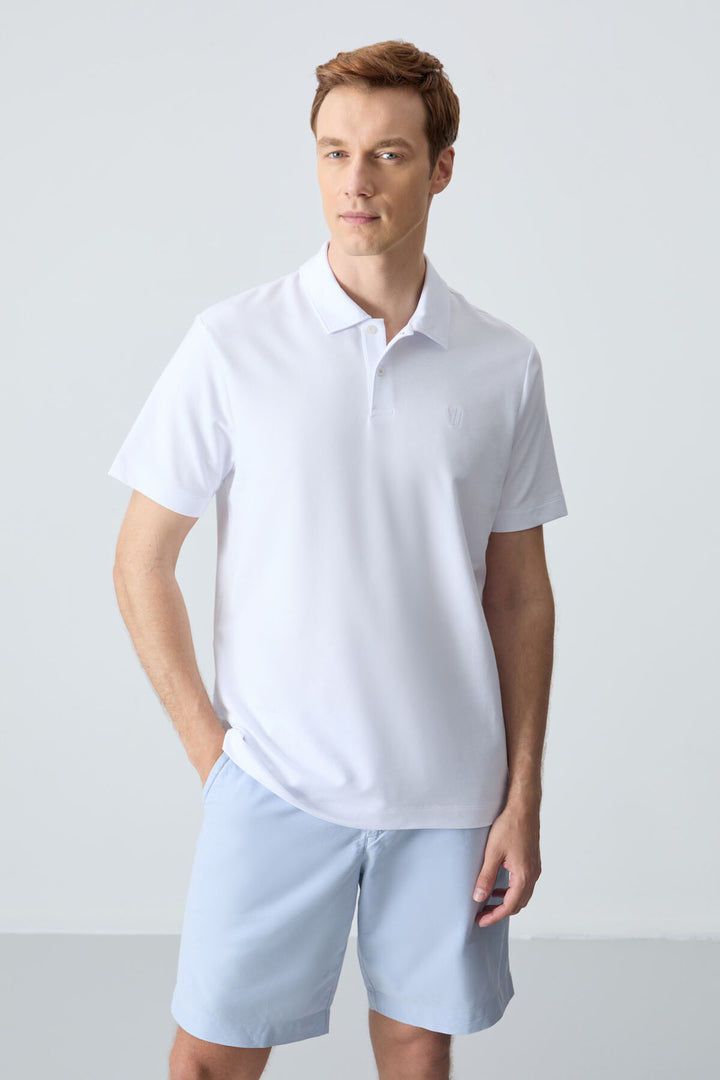 TMY White Basic Chest Logo Standard Fit Knit Polo Collar Men's T-Shirt - 87768 - Exeter