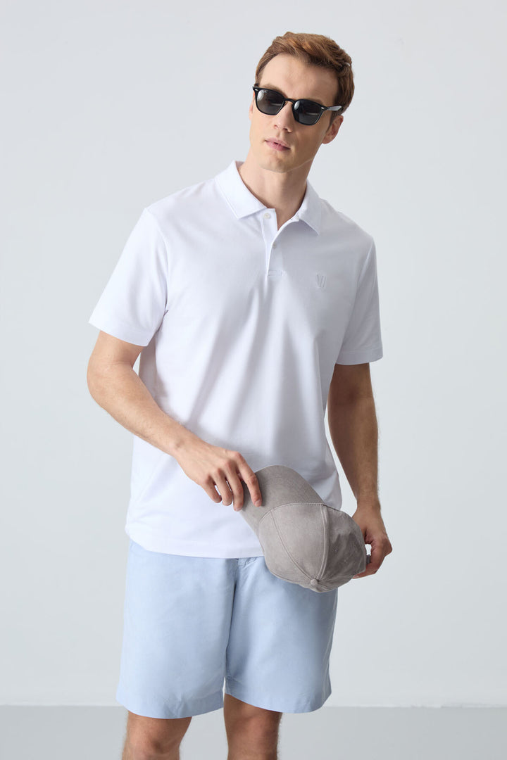 TMY White Basic Chest Logo Standard Fit Knit Polo Collar Men's T-Shirt - 87768 - Exeter