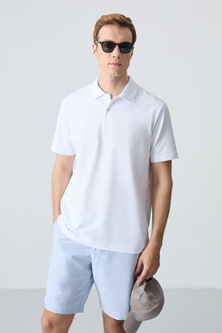 TMY White Basic Chest Logo Standard Fit Knit Polo Collar Men's T-Shirt - 87768 - Exeter