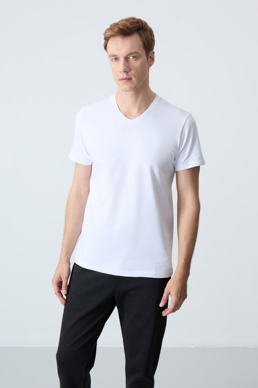 TMY White Basic Short Sleeve Standard Fit V-Neck Men's T-Shirt - 87912 - Tilburg