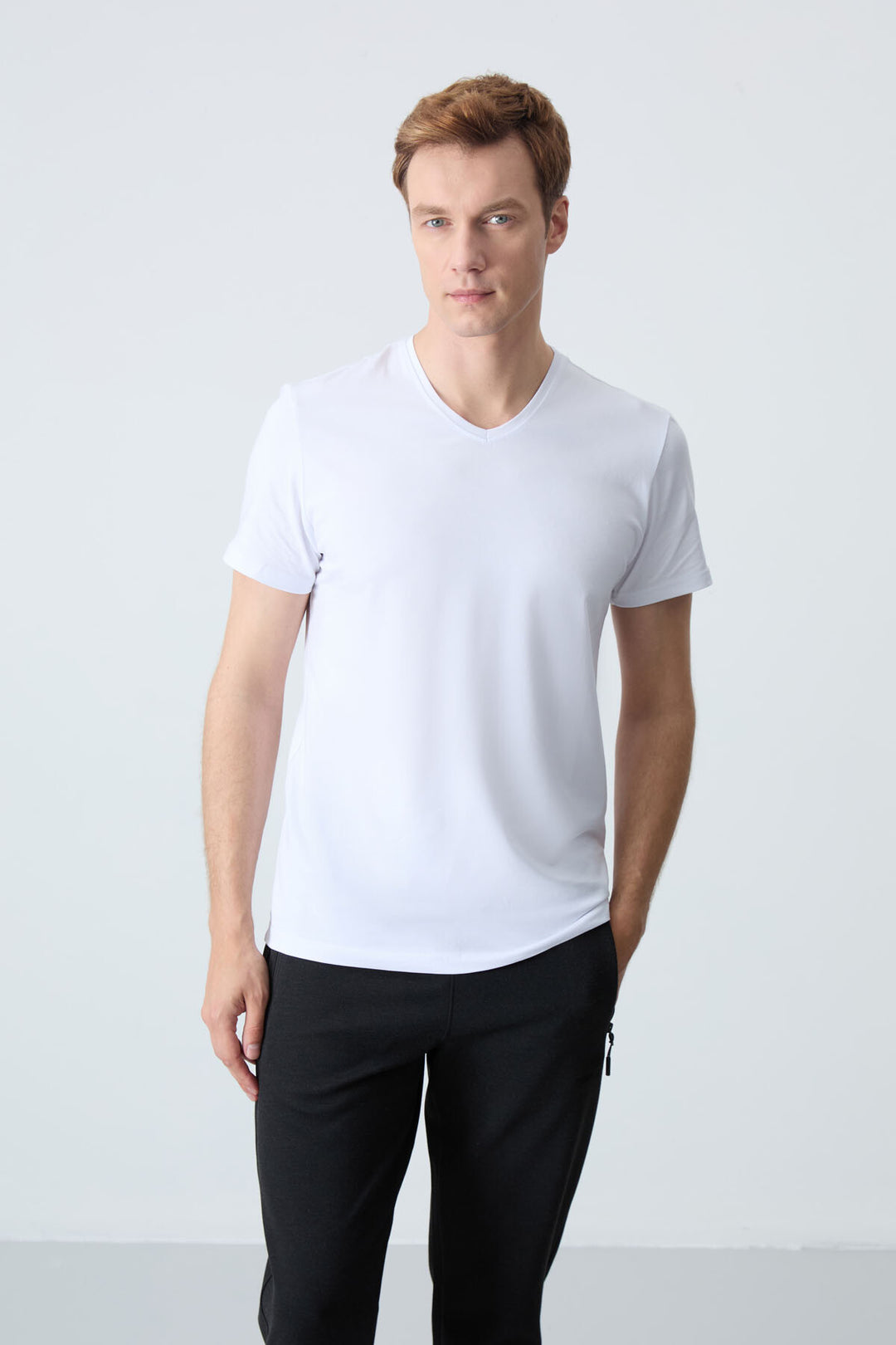 TMY White Basic Short Sleeve Standard Fit V-Neck Men's T-Shirt - 87912 - Tilburg