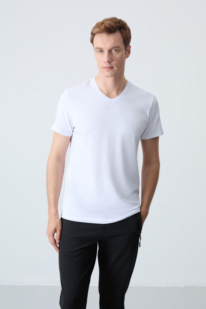 TMY White Basic Short Sleeve Standard Fit V-Neck Men's T-Shirt - 87912 - Tilburg